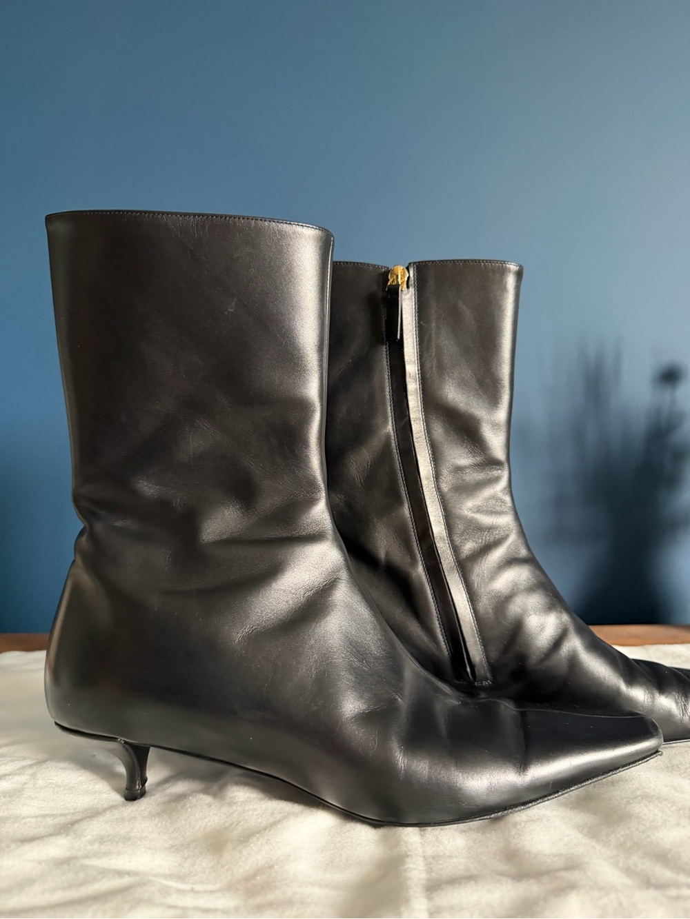 The Row Black Leather Pointed Kitten-Heel Ankle Boots